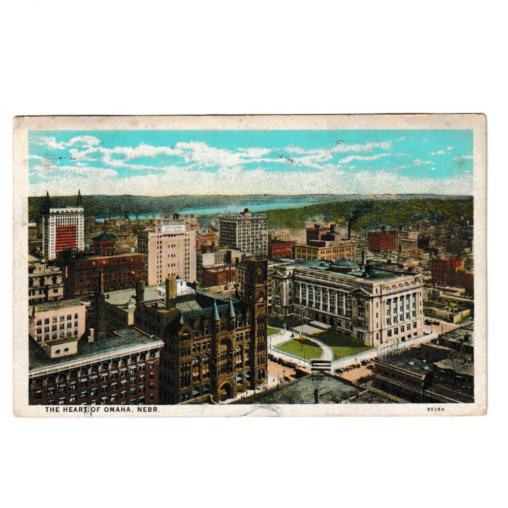 1929 Vintage White Border Post Card The Heart of Omaha Nebraska
